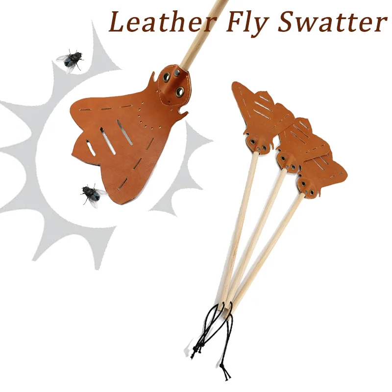 Leather Fly Swatter Strong Flyswatter Handheld For Flies Hanging Manual Fly Swat Shatter Indoor Outdoor Long Wooden Handle