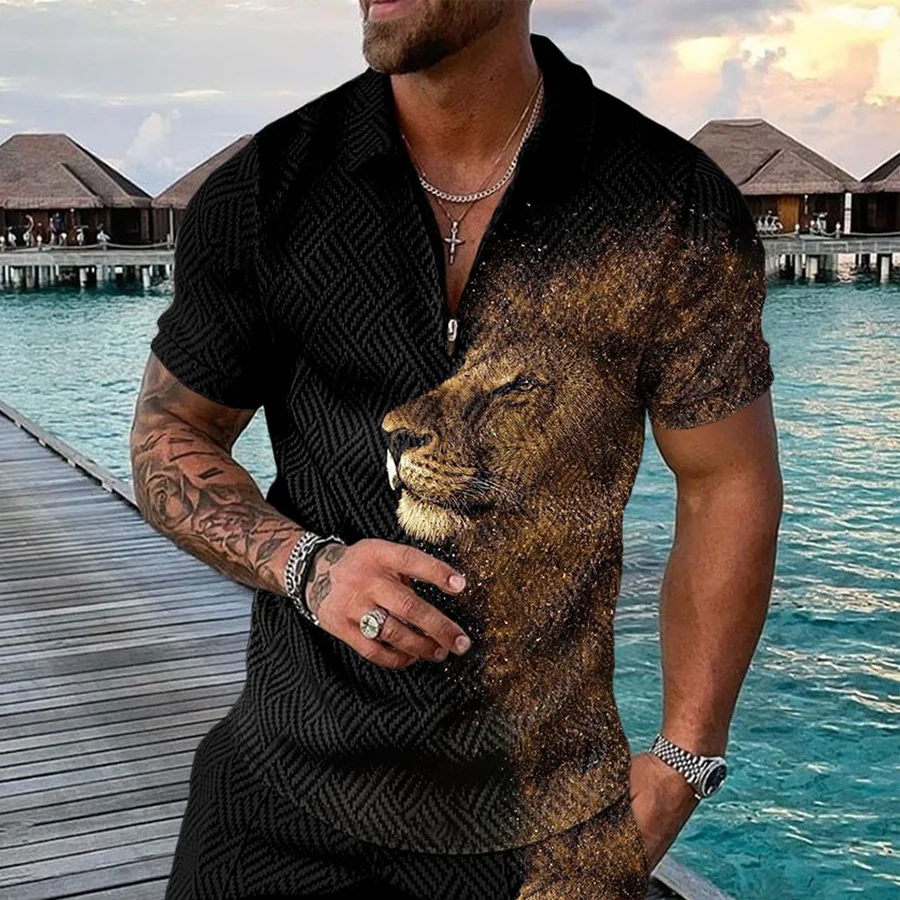 

Summer short sleeve T-shirt Men's Polo shirt Breathable lapel casual 3D printed zipper color matching top