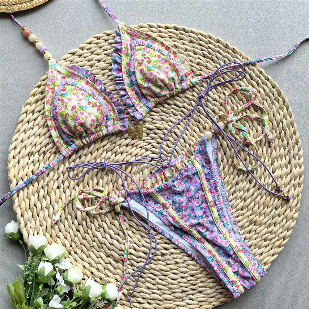 Purple Floral Print Swimwear Halter String Triangle Thong Micro Bikini Sexy Swimsuit Women 2025 Bathing Suit Mini Bikinis Sets