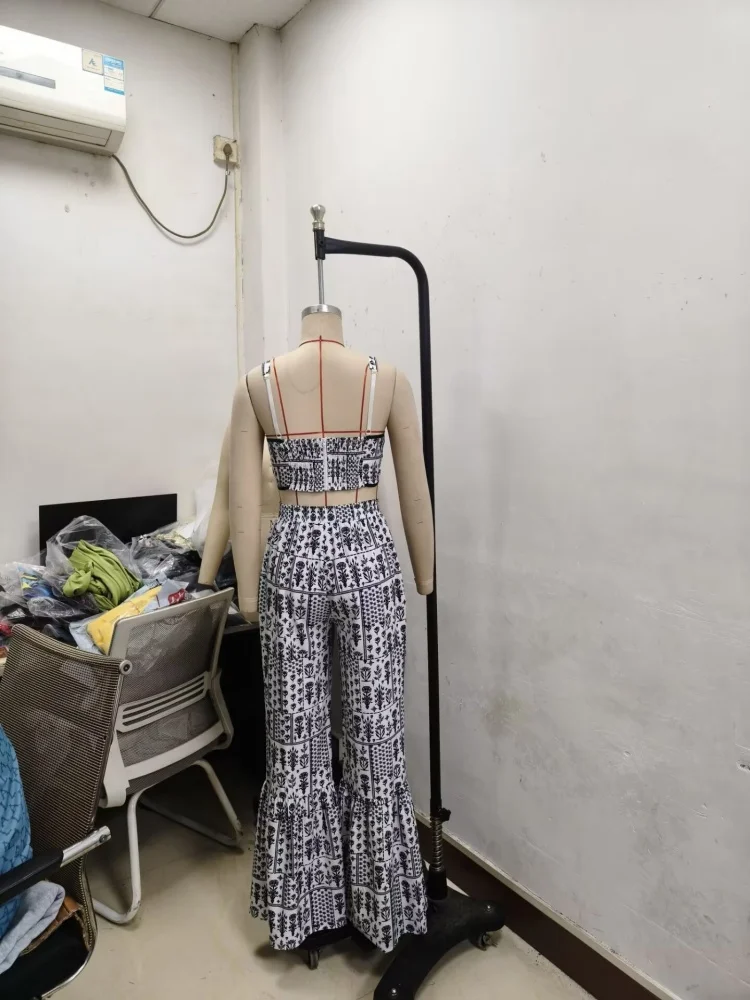Wmstar Two Piece Sets Women Wholesale Fashion Black and White Printed Strap Top High Waist Flared Trousers Matching Suit