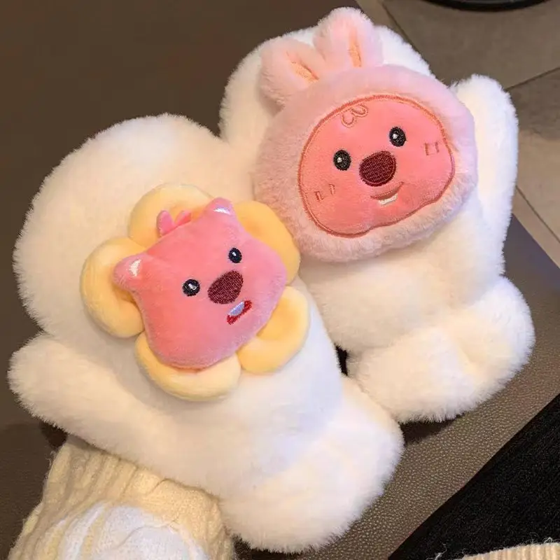 

Loopy Cute Beaver Ruby Plush Gloves for Women In Winter Full Finger Package for Warmth Thickened Cycling and Cold Protection
