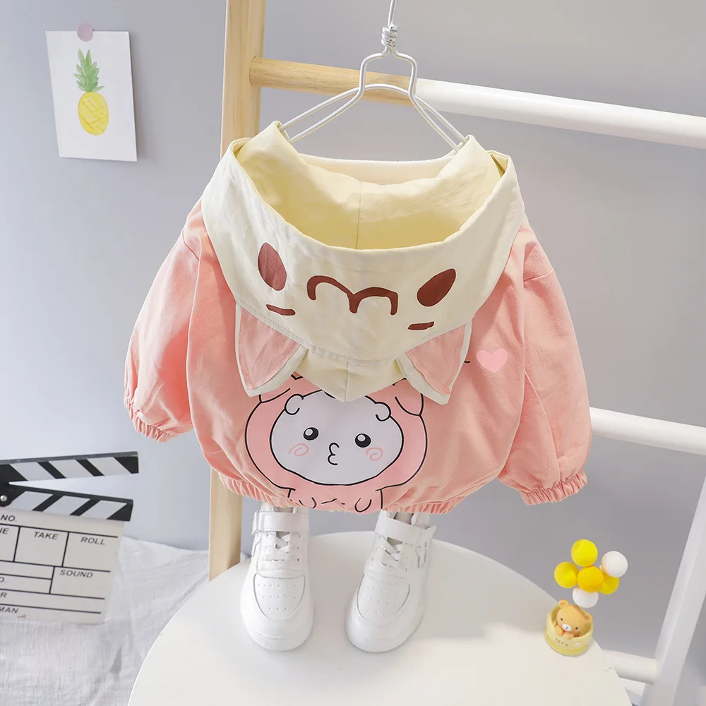 

2024 New Kids Cartoon Jacket Coats Spring Autumn Baby Girls Boys Color Blocking Hooded Windbreaker Toddler Cute Zipper Outerwear