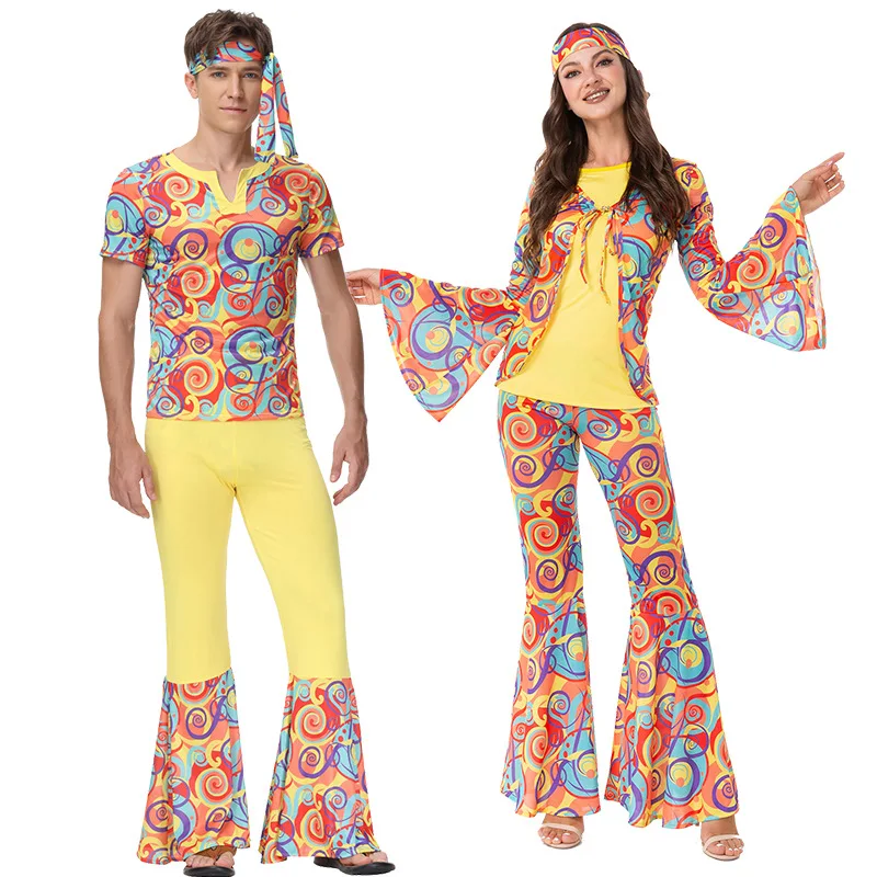 

Couples Hippie Costumes Male Women Vintage Party 70s 80s Peace Love Rock Disco Dancing Suit Halloween Carnival Cosplay Outfits