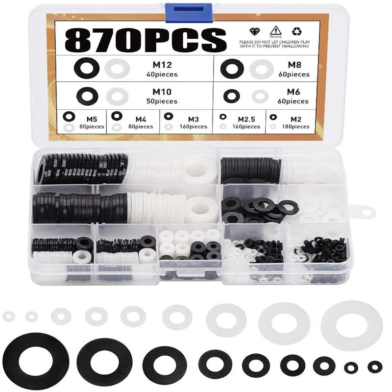870PCS White&Black Nylon Flat Washer Assortment Kit Ring Washers Sealing Washers,  Nylon Spacer Round Insulation Flat Washer