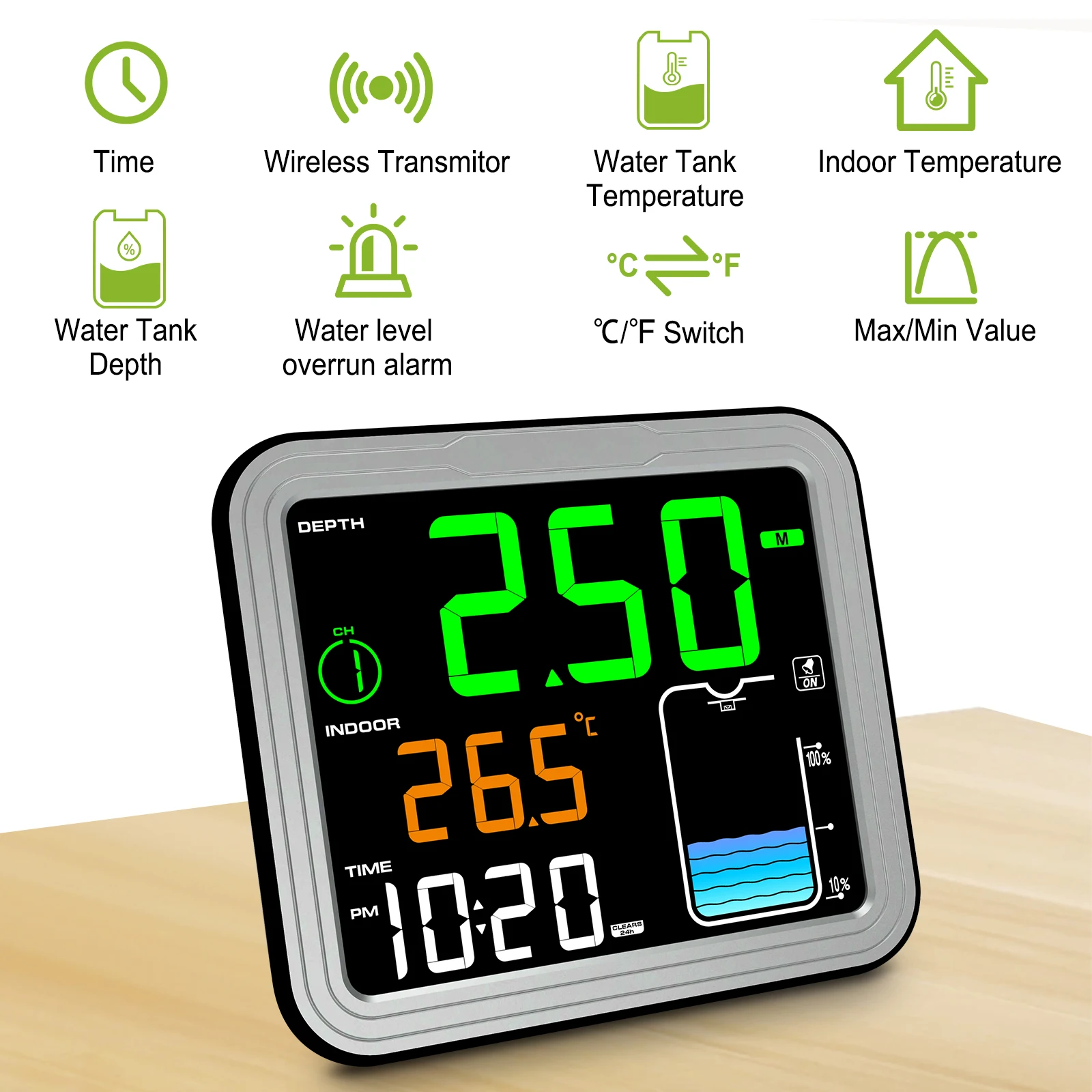 Solar Ultrasonic Water Level Sensor - Wireless Tank Level Meter with LCD Display