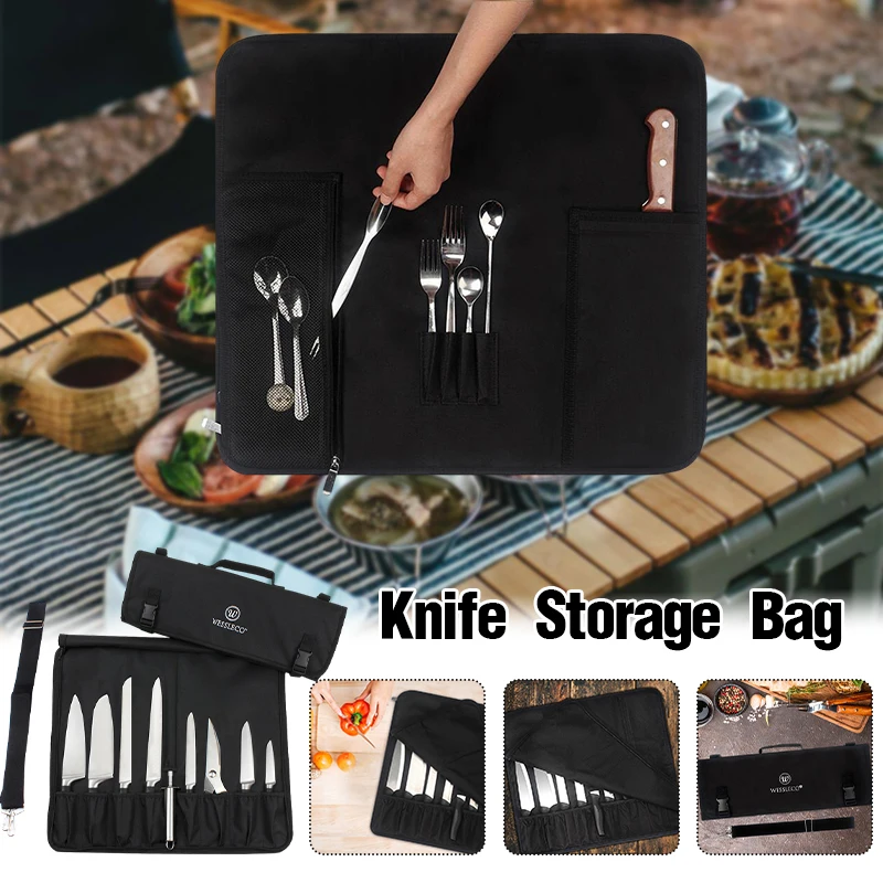 

Canvas Chef Knife Roll Bag Knife Slots and A Large Zipper Pocket Case with An Adjustable Shoulder Strap Knives Not Included