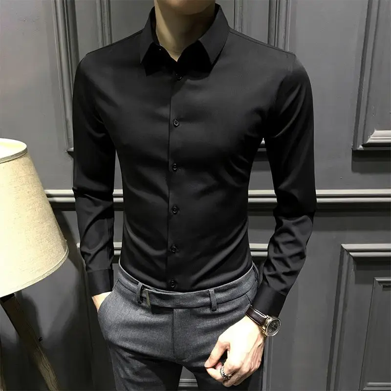 Business Casual Men Smooth Shirt Spring Autumn Slim New Male Clothing Versatile Fashion Long Sleeves Social Work Wear Solid Tops