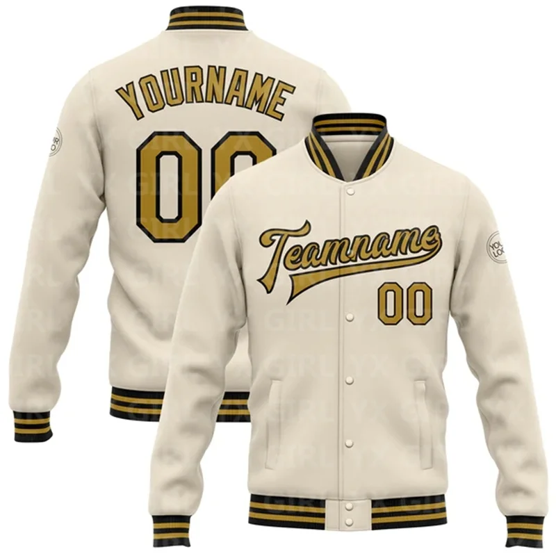 Custom Old Gold-Black Bomber Full-Snap Varsity Letterman Jacket Baseball Button Jacket custom white brown pinstripe brown orange bomber full snap varsity letterman jacket