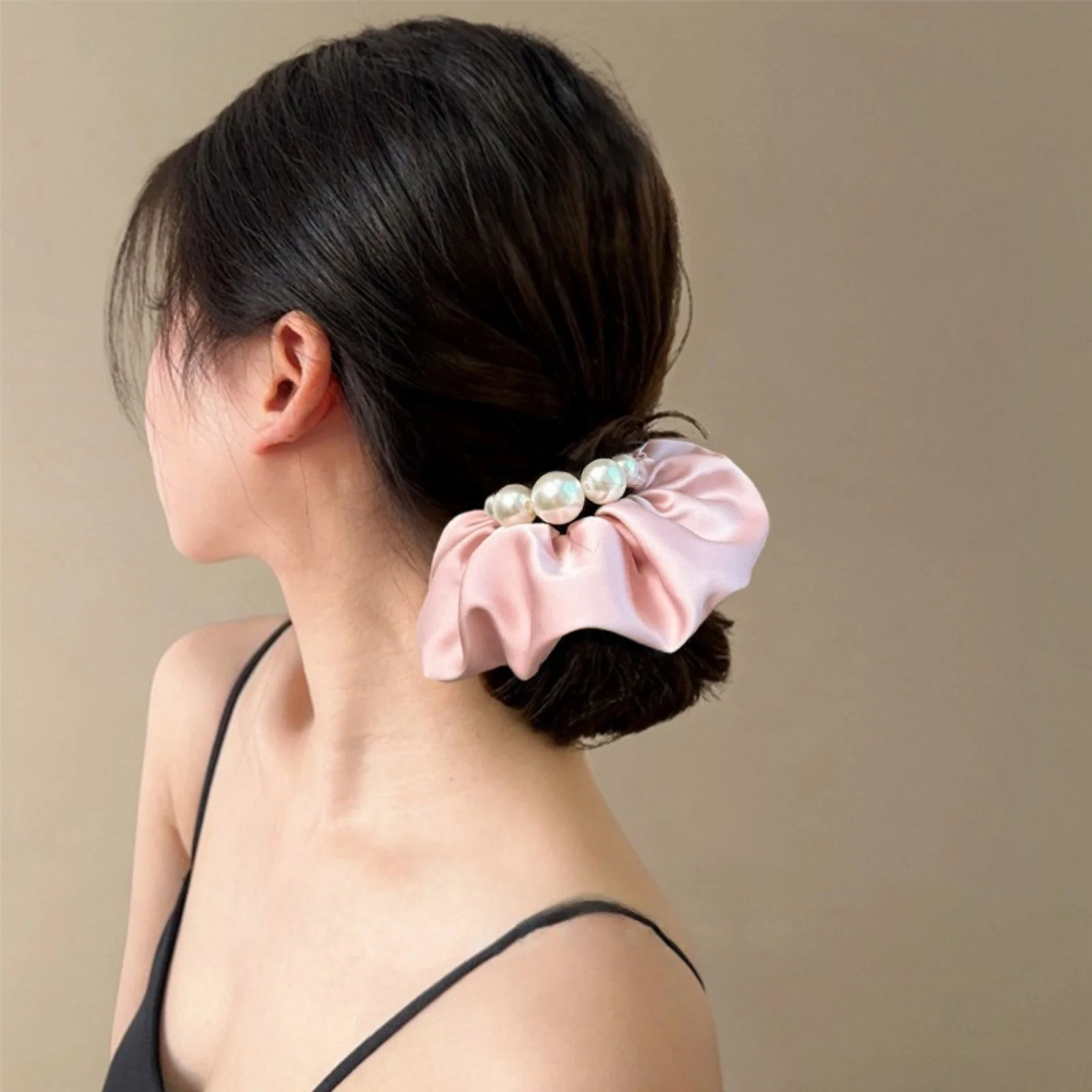 1PC Blue Satin Scrunchie with Pearl Decor, Elegant Hair Accessory for Women, Chic Hair Tie for Daily and Party Wear