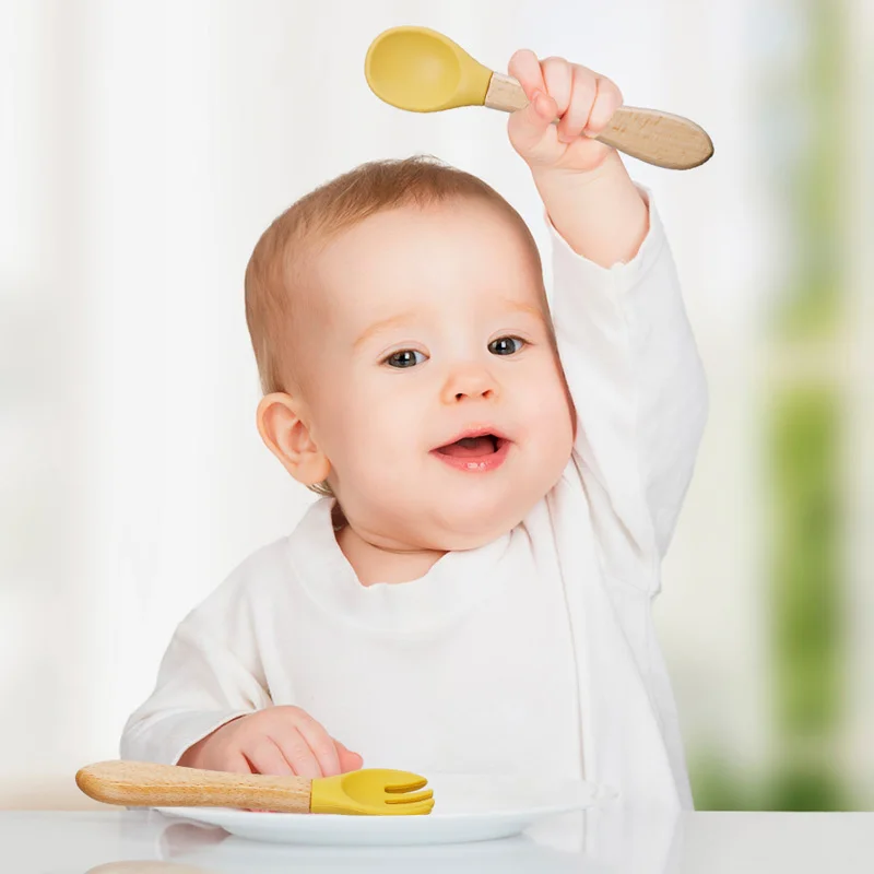 Baby Silicone Fork Spoon Set Wooden Handle Feeding Set 1Set