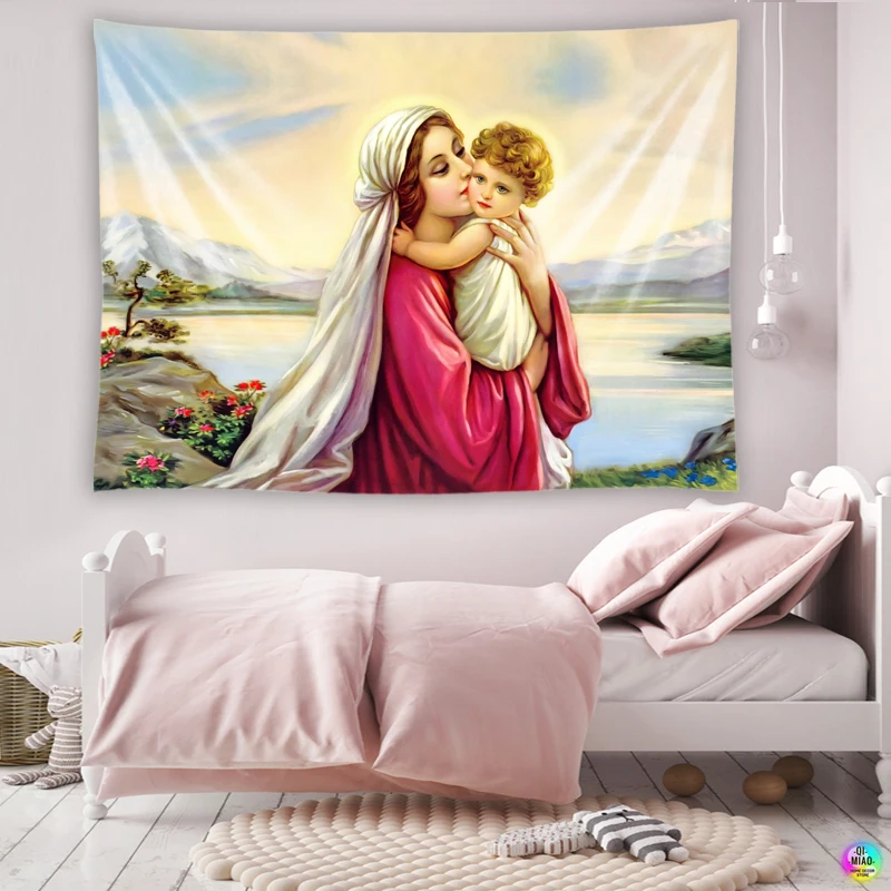 Mutter von Gott Mary Tapisserie Jesus Wand Decor Medieval Dekoration Hängen Raum Für Schlafzimmer Vintage Macrame Engel Wandbild Ästhetische – Detail 5