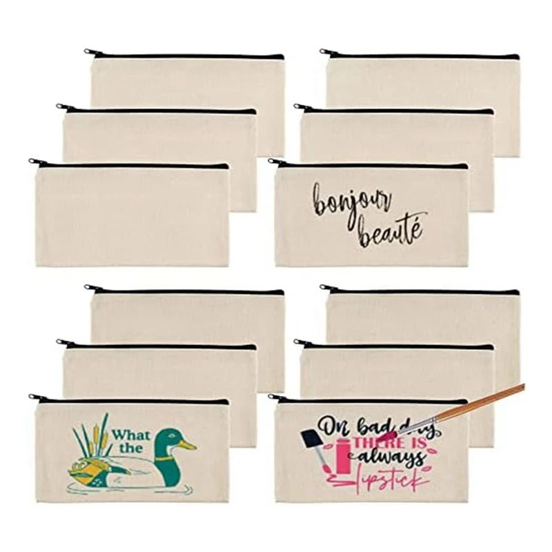 

12Piece Blank Canvas Bags Pencil Case Canvas Makeup Bags Plain Canvas Zipper Pouch Bags ,For Painting,School,Organizer