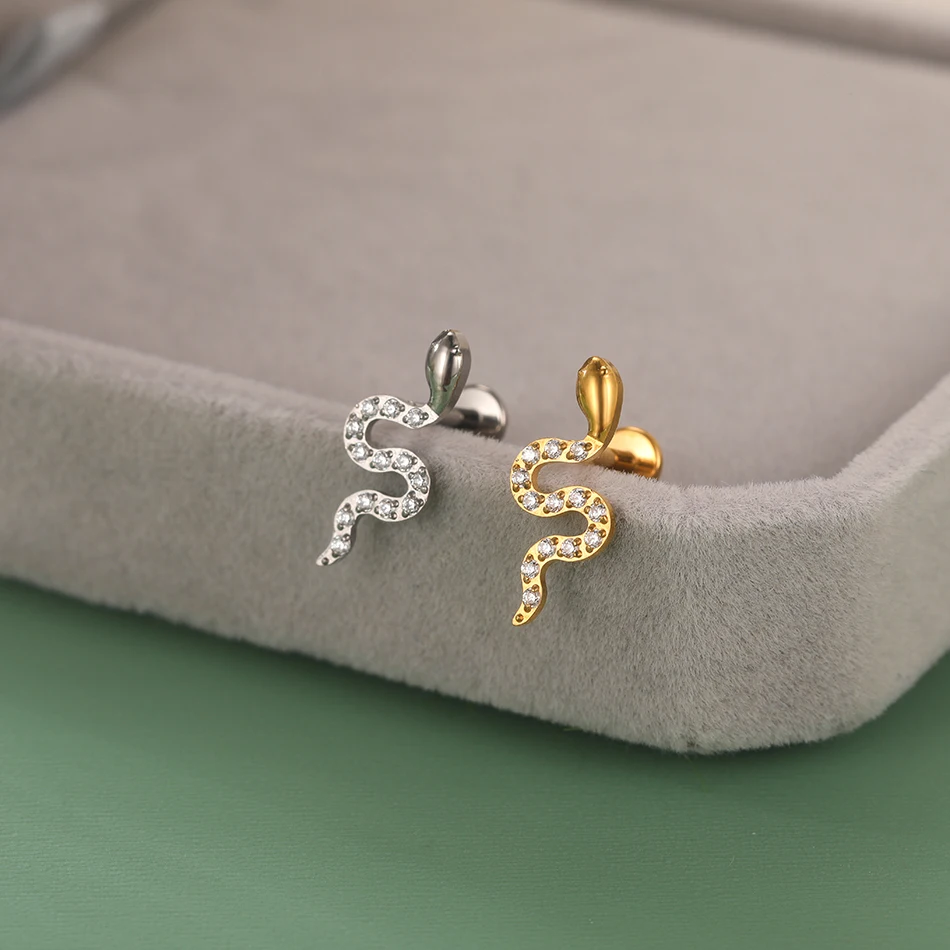 1/5PCS Titanium 16G Snake Flat Back Labret Rings Lip Piercing CZ