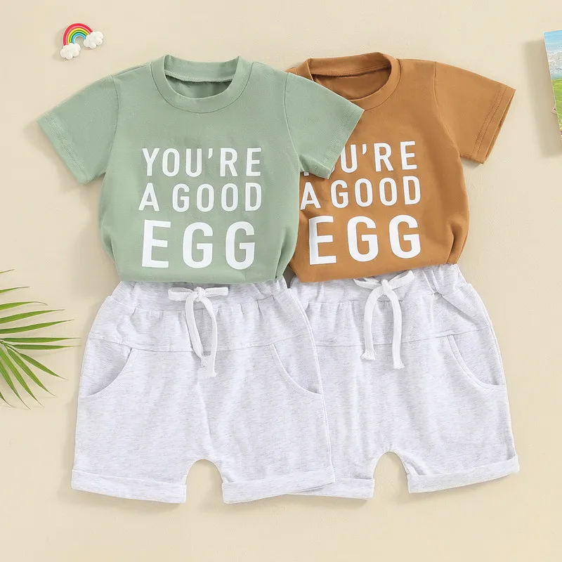 

Newborn Baby Boy Easter Outfit Summer Clothes Short Sleeve Letters Print T-shirt with Elastic Waist Shorts 2-piece Outfit
