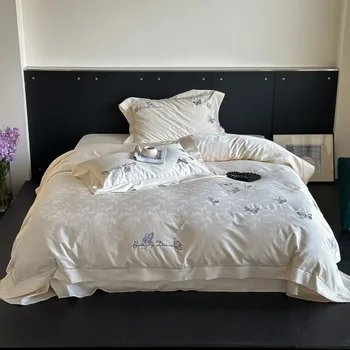 Premium1000TC Egyptian Cotton Soft Silk Feeling Bedding Set Chic Butterfly Embroidery Comforter Cover Flat/Fit Sheet Pillowcases