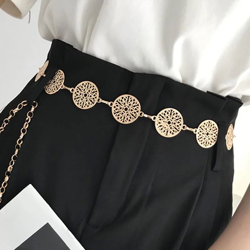 Elegant Round Metal Belt For Women Retro Gold Silver Carved Hollow