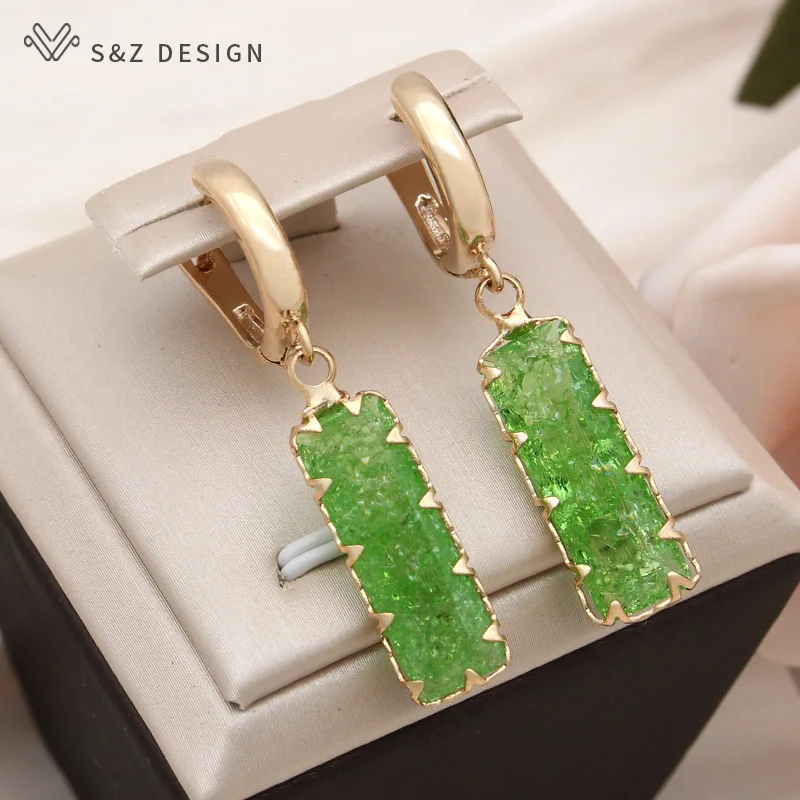 S&Z DESIGN New Fashion Rectangle Ice Crack Crystal Dangle Earrings For Women Wedding 585 Rose Gold Color Eardrop Jewelry Gift