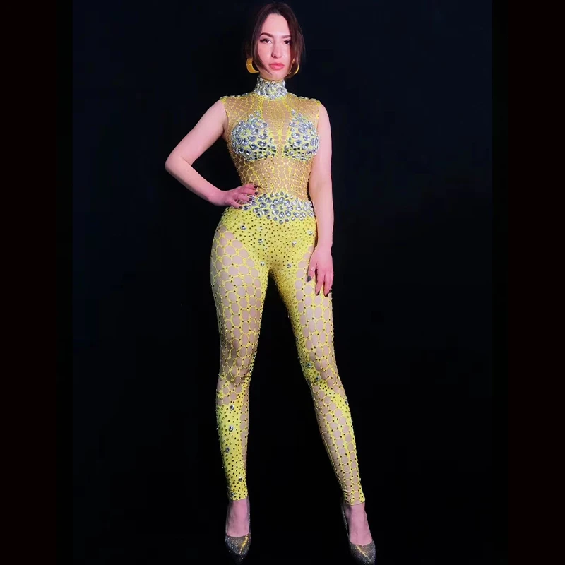 

Sexy Stage Sparkly Rhinestones Yellow Jumpsuit Nigntclub Outfit Dance Costume Performance Costume Party Celebrate Stage Wear