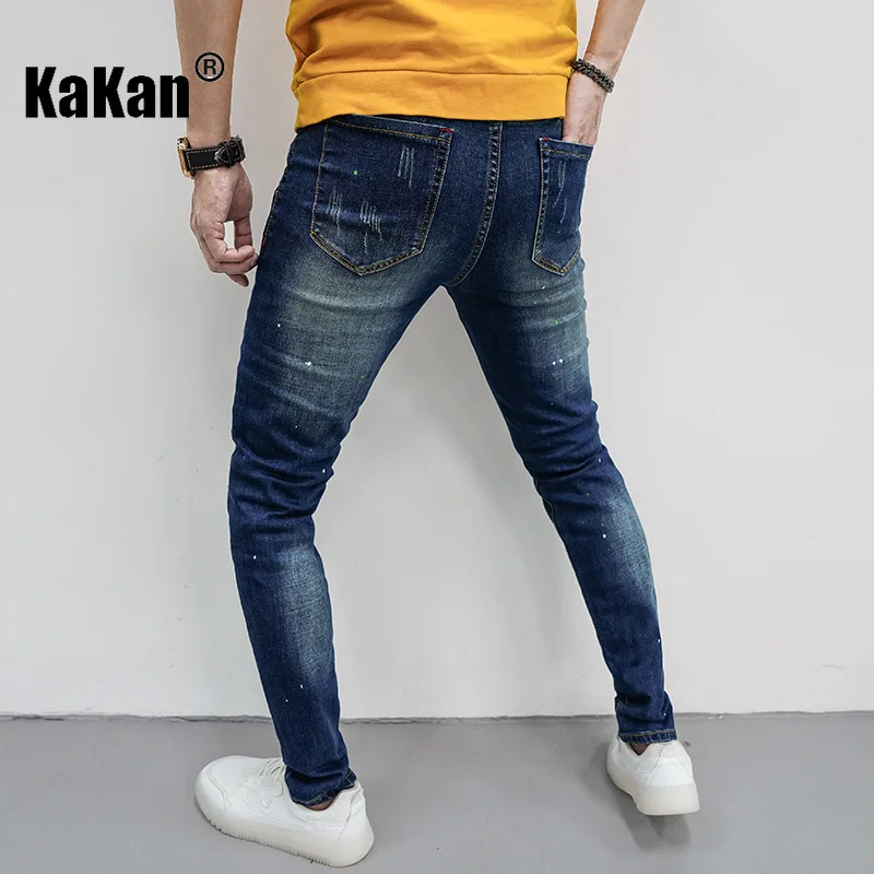 Kakan Europe and America's New Patch Denim Men's Clothing, Hole Hole Beggar Slim Fit Small Foot Patch Long Denim K7-686