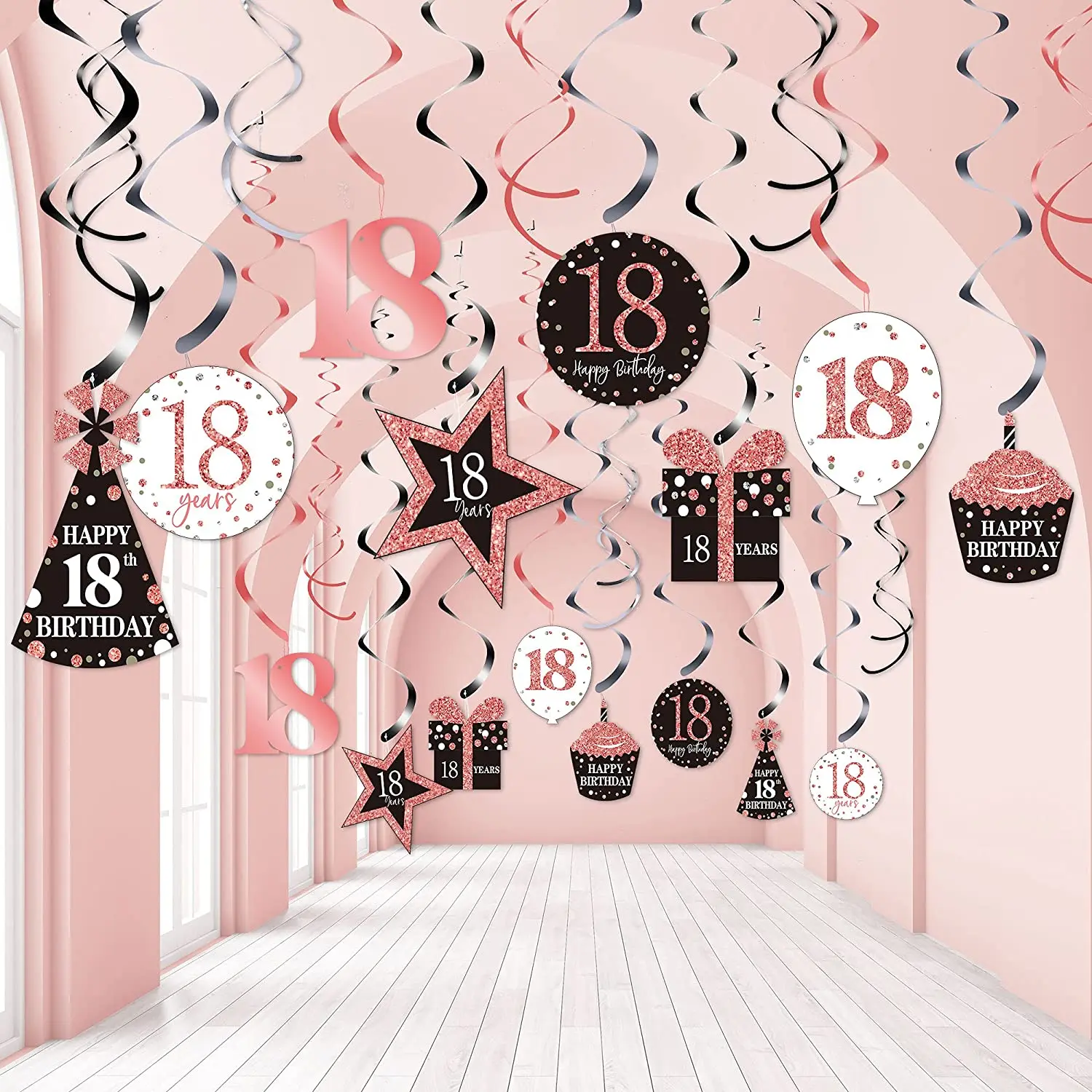 

Birthday Party Rose Gold Hanging Swirls Ceiling Decorations Shiny Foil Swirls for Birthday Supplies 30 Count (18 Style)