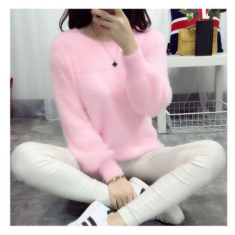 

Autumn and Winter Women's Pullover Round Neck Solid Screw Thread Flocking Sweater Knitted Underlay Fashion Elegant Casual Tops