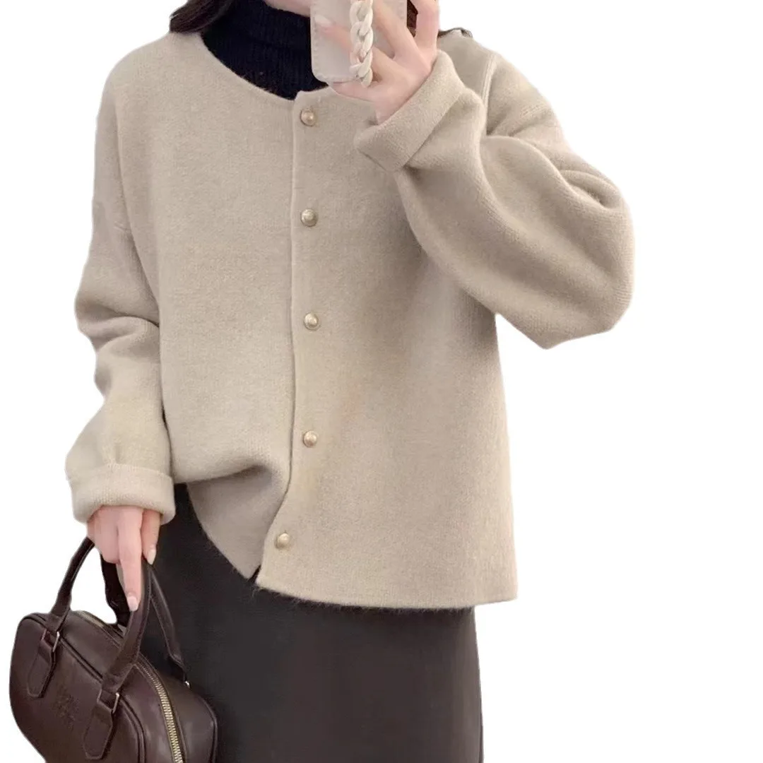 Gold Button Long Sleeve Knitted Cardigan Sweater for Women