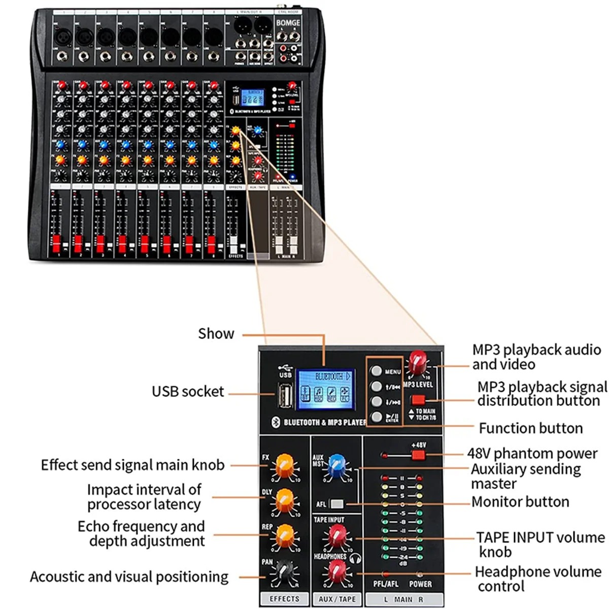 Audio Mixer BOMGE CT-80S 48V phantom power professional 8-channel audio mixer DJ controller