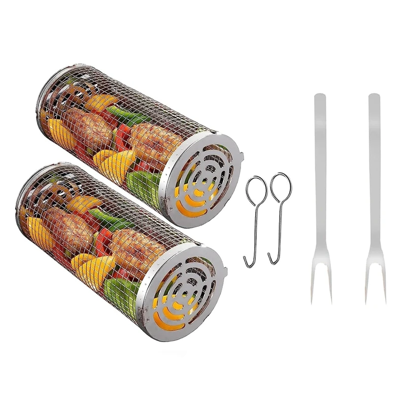 

2 PCS Grilling Baskets Silver For Outdoor Grilling,Bbq Grill Basket Cylinder.Barbeque Accessories