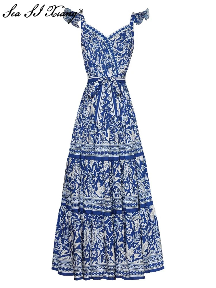 

Женское летнее платье без рукавов Seasixiang, дизайнерское винтажное длинное платье с V-образным вырезом, драпировкой, поясом и цветочным принтом