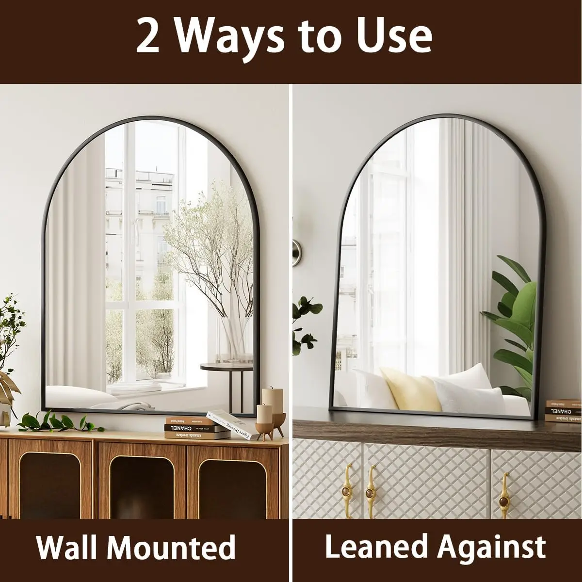 Arched Bathroom Mirror. 32x34". Wall Mounted. Aluminum Frame. Living Room, Bedroom, Bathroom, Entryway. Hanging/Leaning. Black.