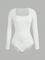 Women's Solid color Square Neck  Open Crotch One-Piece Bodysuit Long Sleeved Body  Lady Streetwear Female Warm Clothing - Image 5