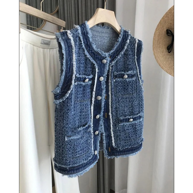 2023 Summer Korean Style Casual O-neck Sleeveless Denim Vest Women's Fashion Street Style Blue Y2K Loose Single Breasted Coat