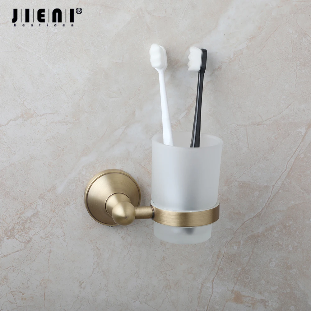 JIENI Bathroom Tooth Brush Cup Wall Mounted With Antique Brass Oval Shelf Retro Fashion Punching installation Bath Accessories