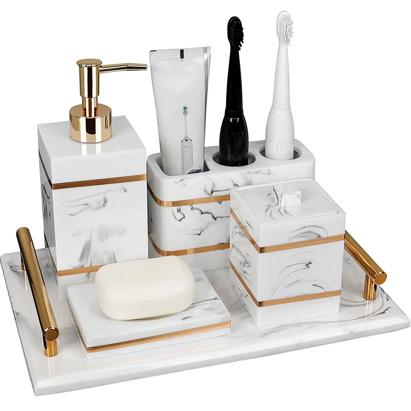 Bathroom Accessories Set Nordic Natural Resin Lotion Bottle Mouth Cup Soap Dish Toothbrush Holder Tissue Box Cotton Swab Box Tray Washing Tools Set