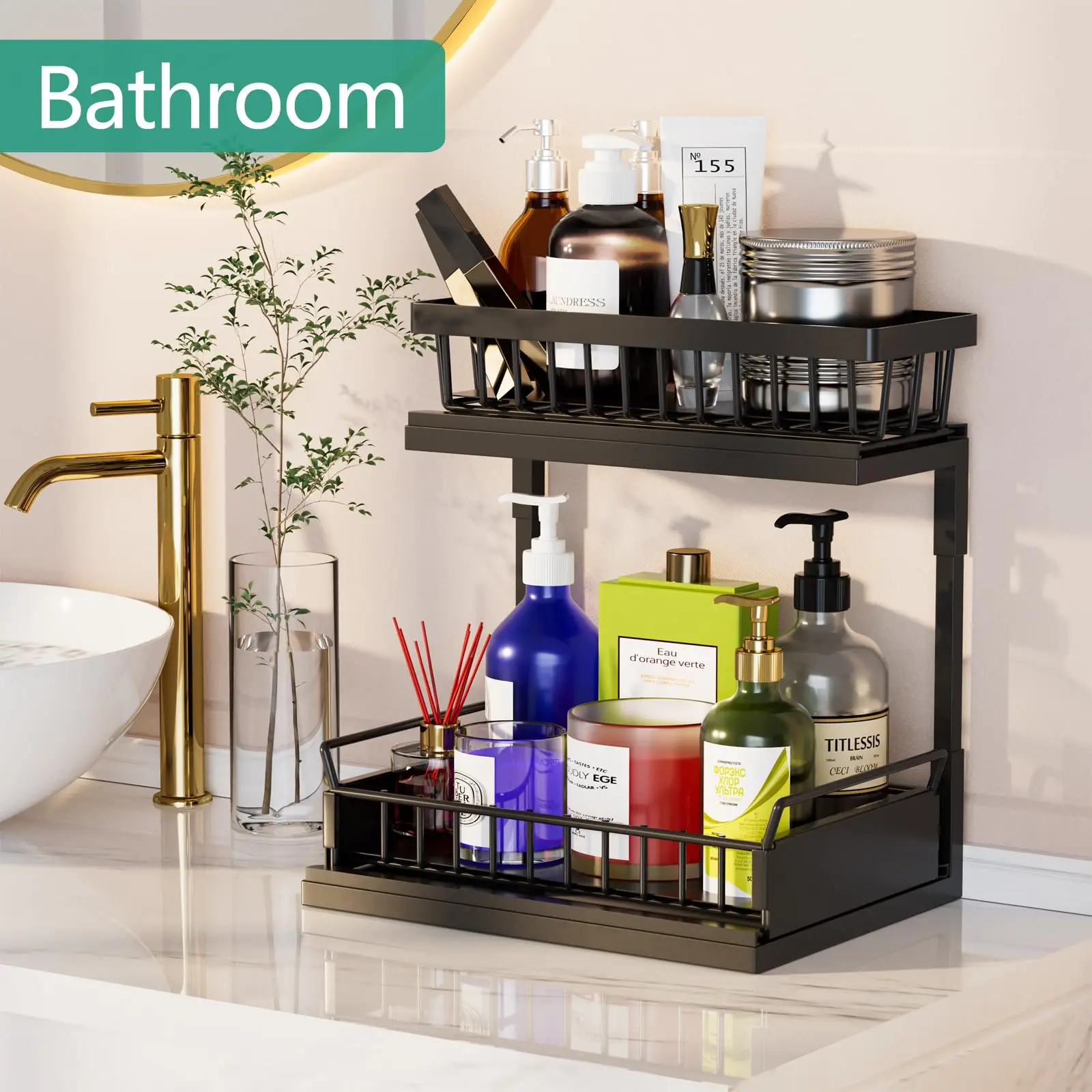 2 Tier Under Sink Organizer and Storage Basket,Slide Out Under Cabinet Organizer Shelf,Multi-Purpose Pull Out Drawer Cabinet 6