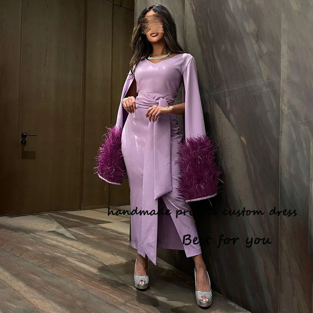 

Lavender Mermaid Prom Party Dresses with Slit Feather Cape Sleeve Arabic Dubai Evening Dress Outfits Tea Length Formal Gowns