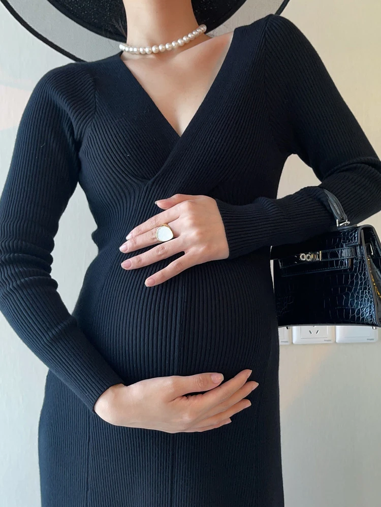 

Knitted Maternity Dress Elasticity Autumn Pregnant Clothes Long Sleeve Maternity Gown Photography Photo Shoot Pregnancy Dress