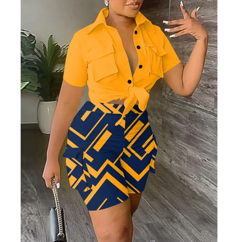 

Summer Fashion Short Sets For Women Office 2 Piece Sets Female Outfit Short Sleeve Button Shirt And Cargo Shorts Suit Tracksuit