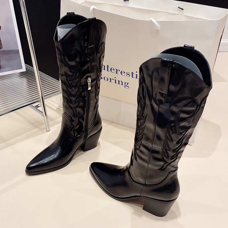 Kcenid Silver Fashion Embroidery Knee High Cowboy Boots For Women Sexy Pointed Toe Square Heels Shoes Female Knight Booties