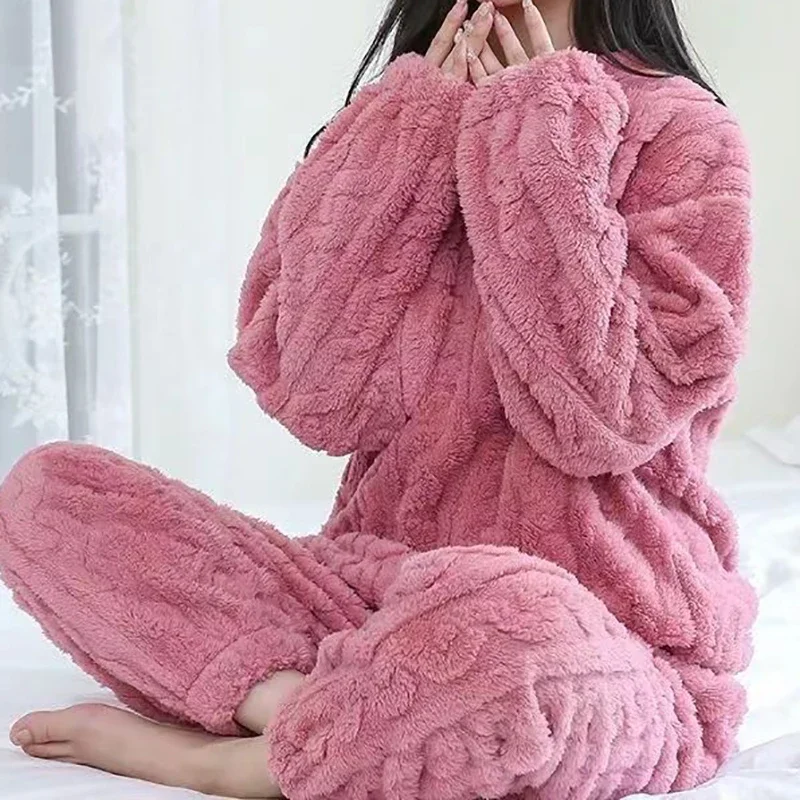 Autumn Women Solid Warm 2 Piece Sets Thicken Velvet Ribbed Fleece Set Pullover And Pants Women Casual Pajama Sets cotton pajama set