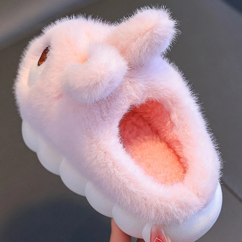 Cute Rabbit Children's Cotton Slippers Infoor Non Slip Soft Bottom Fluffy Slides Children Winter Warm Plush Slippers Women 24-41