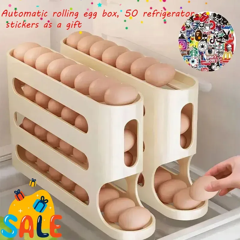 Automatic roller type egg storage box with large capacity, 4-layer slide, refrigerator side door storage, egg roller