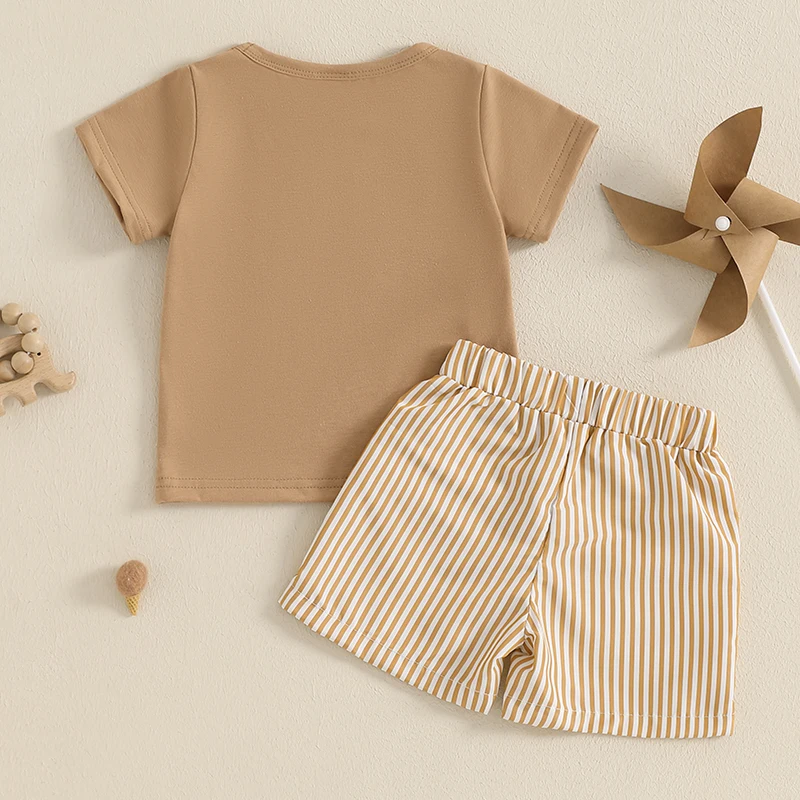 Vintage Toddler Kids Boy Summer Clothing Outfits Animal Embroidery Round Neck Short Sleeve T-shirts with Striped Shorts Outfits, kids clothing set