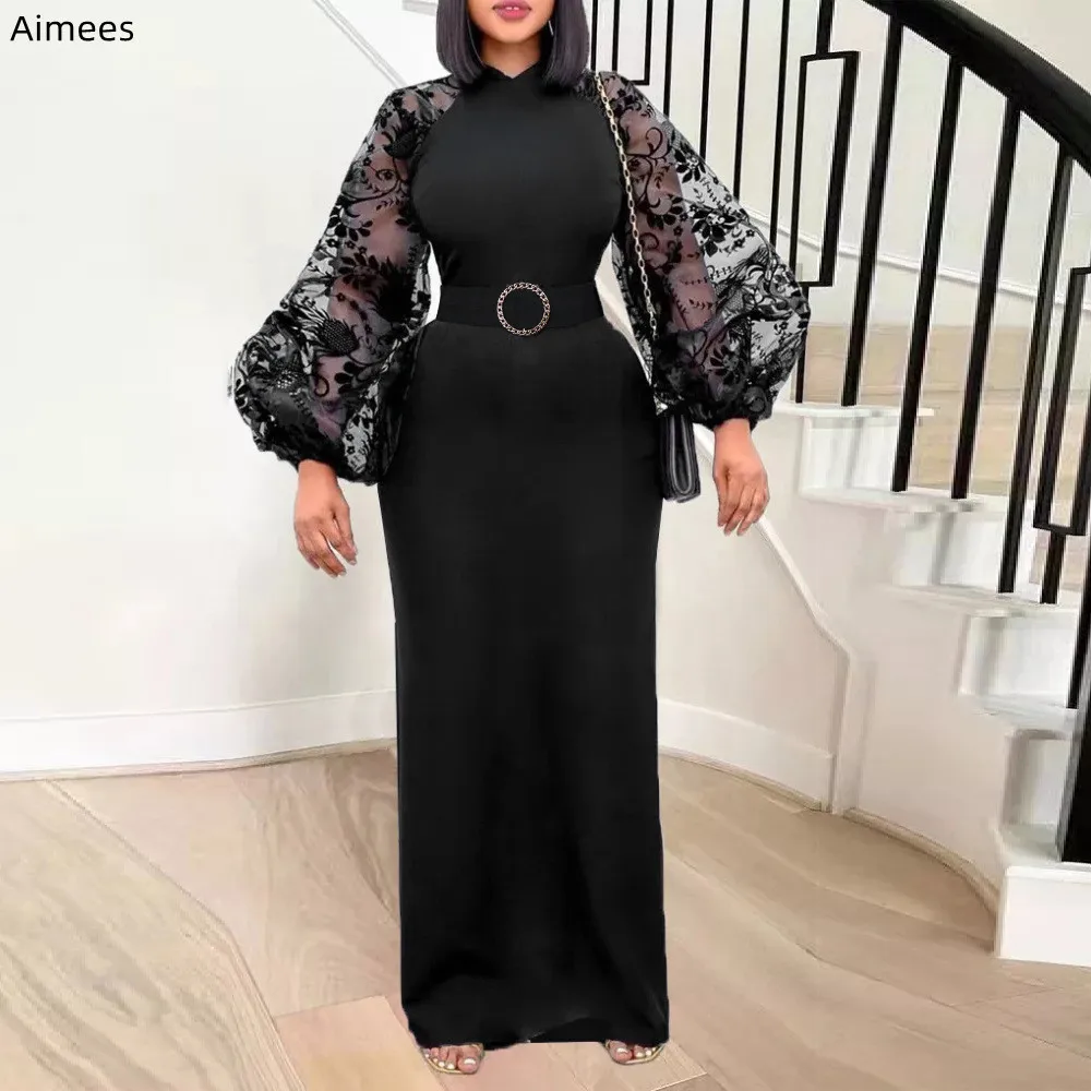 

Real Photo Elegant Woman Evening Dress Black Lace Lantern Sleeves Belt Fashion Office Lady Dresses Birthday Party Gowns