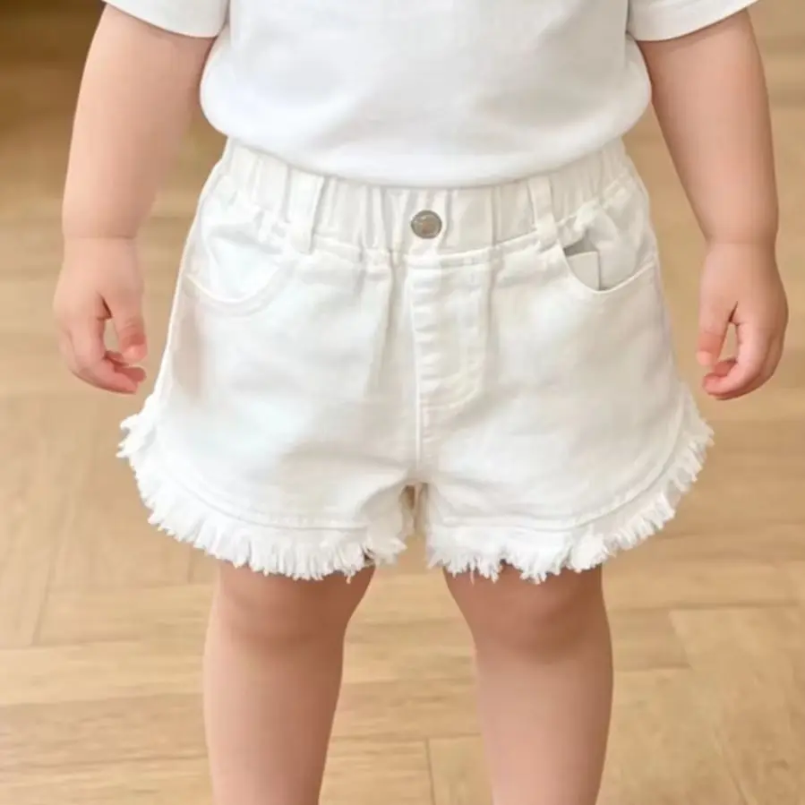 1-7Y 여름 한국 어린이 청바지 반바지 솔리드 컬러 데님 반바지 소녀용 부드러운 코튼 탄성 허리 어린이 바지