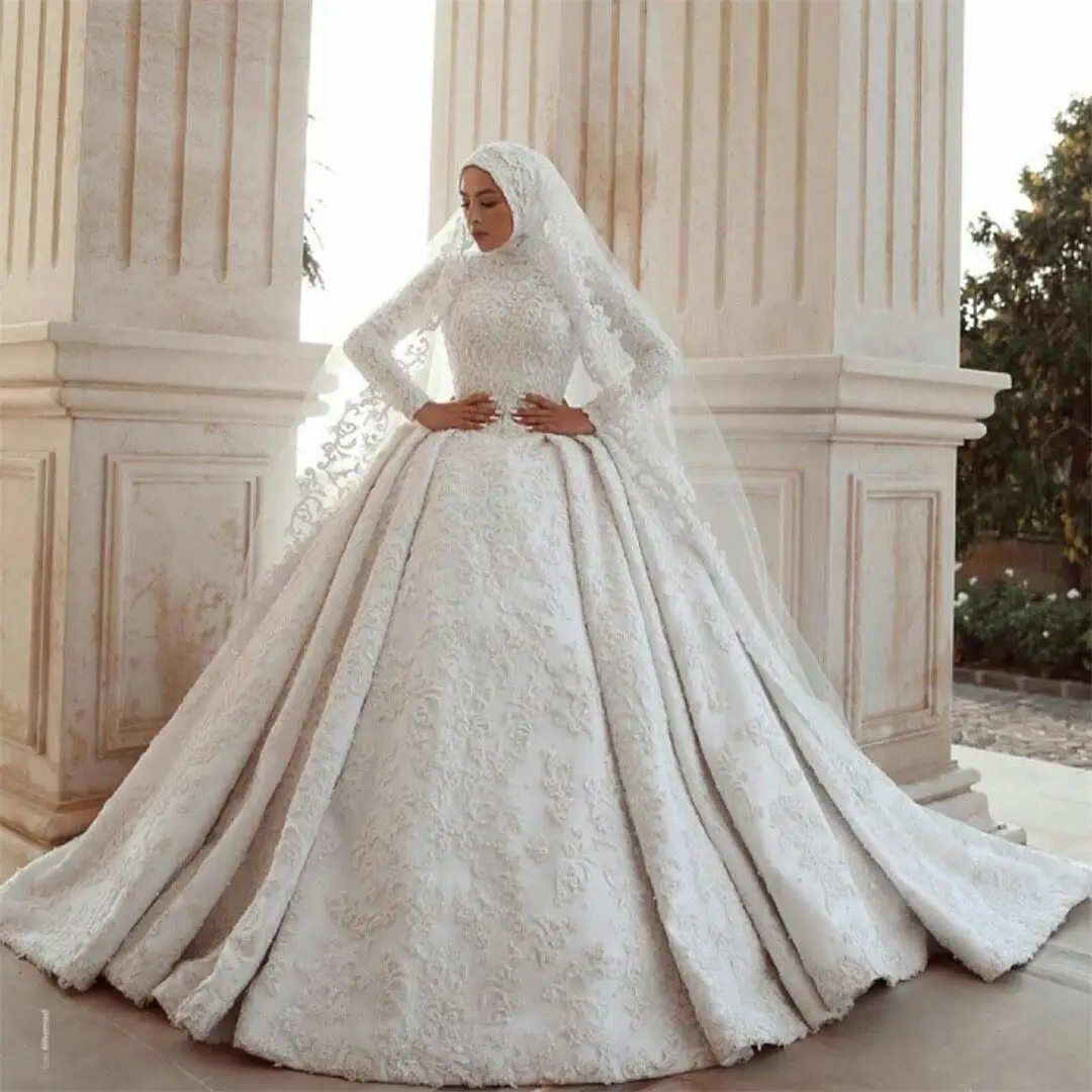 

Beautiful High Neck Lace Appliques Wedding Dress Cathedral Train Satin Long Sleeves Ballgown Vestido De Novia Bridal Gown