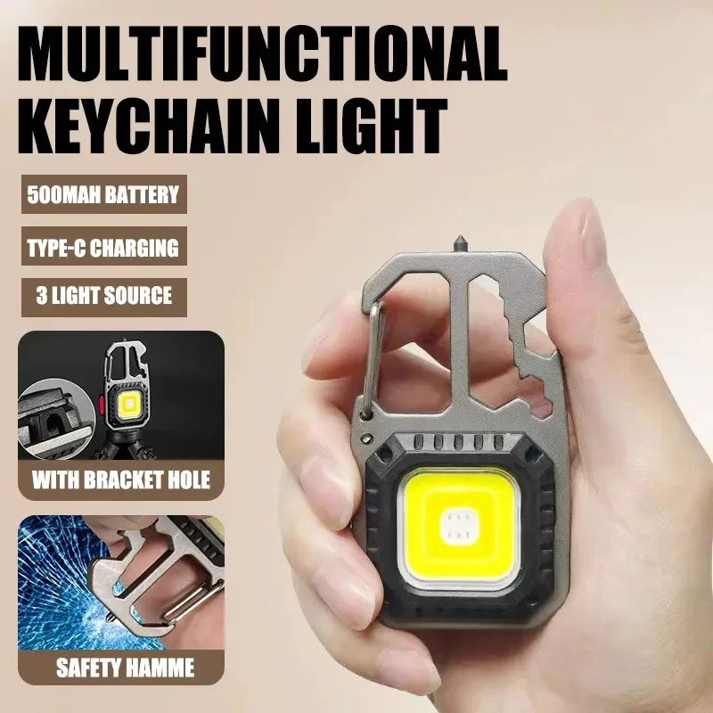 

Mini Portable LED Keychain Flashlight Built-in 500mAh Battery Type-C Charging Outdoor Camping Emergency Safety Hammer Work Lamp