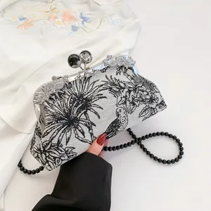 Black Embroidery Flower Print Evening Bag For Women Retro Fashion Chinese Style Prom Party Clutches Beaded Chain Shoulder Bags