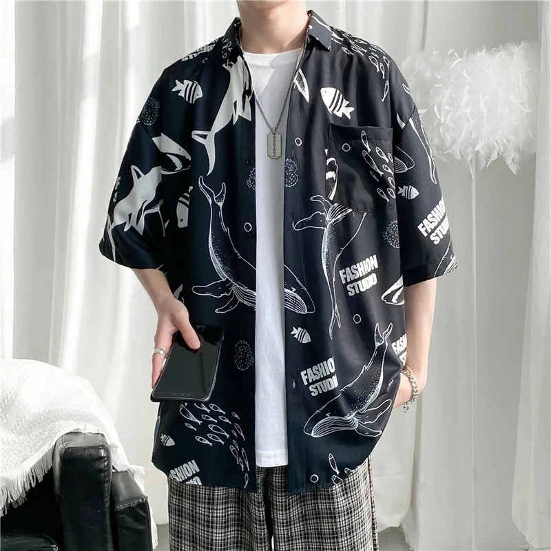 

Japan Anime Cartoon Printed Vintage Cargo Shirt Summer New Men Hawaiian Short Sleeve Casual Mens Women Couple Shirts Oversized