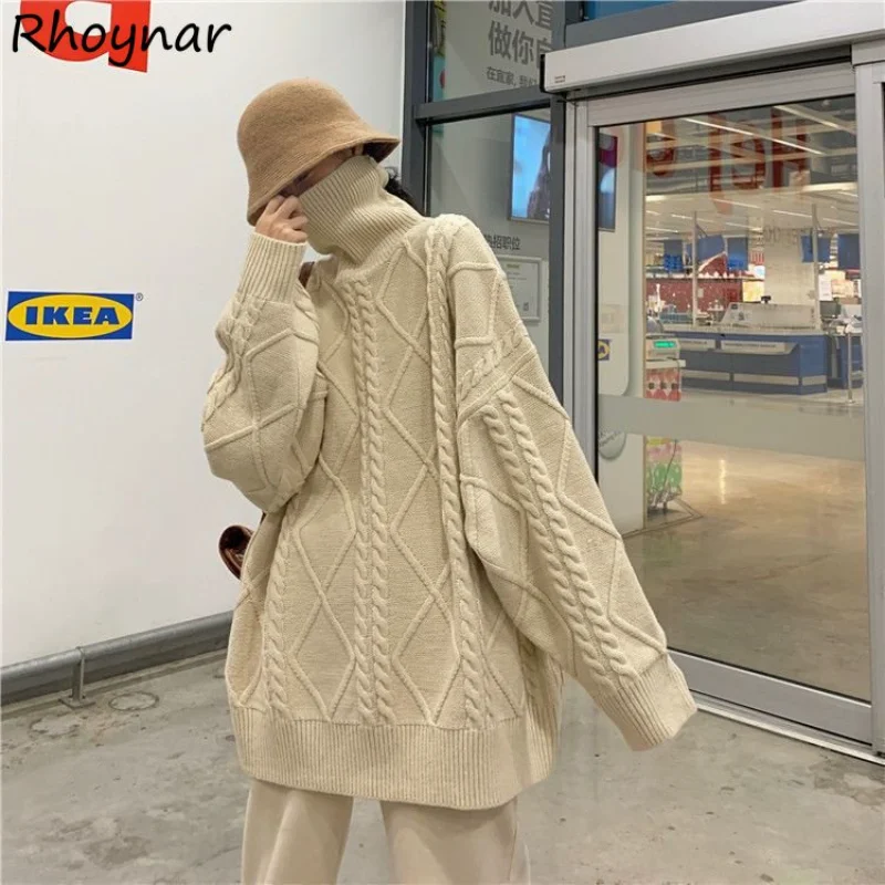 

Pullovers Women Loose-fitting Fashion Ulzzang Unisex Turtleneck Sweaters All-match Casual Student Vintage Tender Knitting Simple